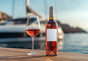 Wall Mural - Bottle of wine with an blank mock-up label and in a glass on the wooden table near the sea