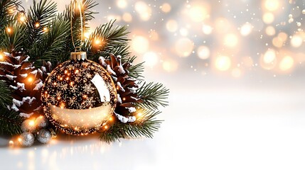 Poster -   A close-up of a Christmas ornament on a tree surrounded by a book of lights in the background