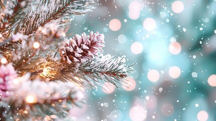 Wall Mural -   A sharp image of a pine tree surrounded by snowflakes in the foreground, while the backdrop is blurred with falling snowflakes