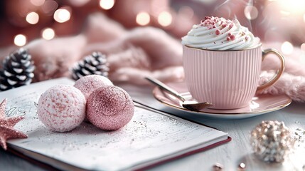 Wall Mural -    a cup of coffee atop a saucer and adjacent to a notebook with a pastry displayed