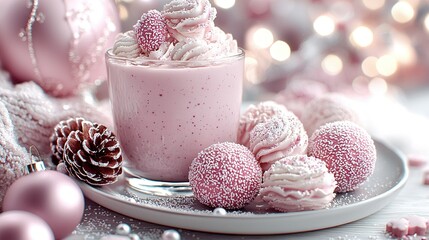 Poster -   A plate with a dessert and frosting, Christmas decorations in background