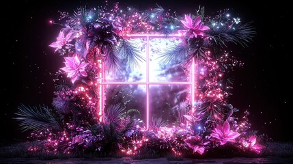 Poster -  Nighttime view of a window framed by pink and purple flowers beneath a star-filled sky