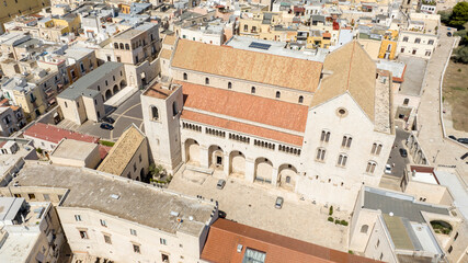 Aerial view of the Pontifical Basilica of Saint Nicholas in the old town of Bari, Puglia, Italy. It is a Catholic Church in the historic center of the city built in the Apulian Romanesque style.