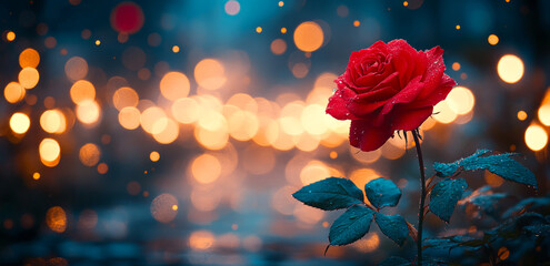 Wall Mural - A red rose is the main focus of the image, with a blurry background and a wet, misty atmosphere. The rose is surrounded by a blurry, hazy background that gives the impression of a dreamy