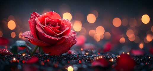 Wall Mural - A red rose is the main focus of the image, with a black background and a few red petals scattered around it. Concept of romance and love, as the rose is often associated with these emotions