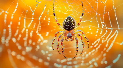 A spider is sitting on a web. The spider is brown and black