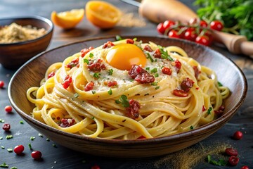 Wall Mural - creamy, cuisine, recipe, traditional, dinner, egg yolks, Spicy and creamy Calabrian Carbonara pasta with crispy pancetta Pecorino Romano cheese egg yolks and red pepper flakes