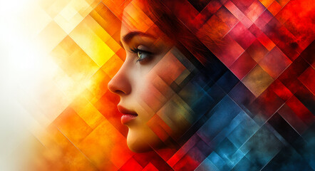 Wall Mural - A woman's face is shown in a colorful, abstract style. The colors are bright and bold, creating a sense of energy and excitement. The woman's eyes are open and staring