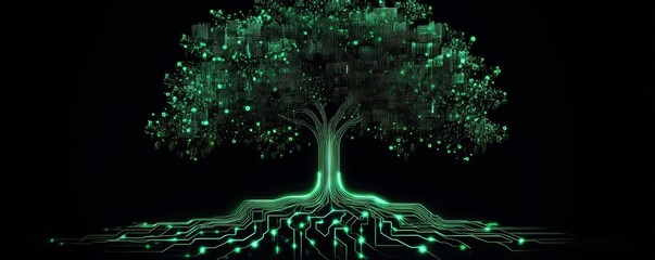 Poster - digital tree of life illustrating technology and nature integration in a minimalist style