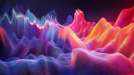 Abstract 3D soundwave landscape with vibrant colors, 3D background music, dynamic and unique.