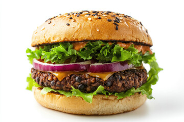 Delicious Black Bean Veggie Burger Isolated on a Transparent Background 