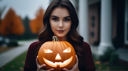 Wall Mural - halloween sale featuring young woman holding pumpkin