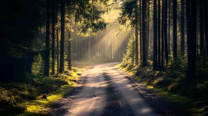 Sunlight filtering through pine trees onto a quiet forest road, tranquil and scenic