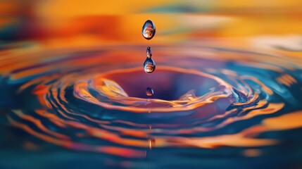 Poster - A single drop of chemical descends gracefully into water, causing captivating ripples that shimmer with vibrant colors as light reflects off the surface during twilight