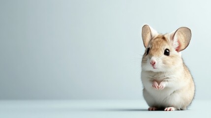 Adorable small mouse sitting on light blue background, looking at camera. Perfect stock photo for wildlife and cute animal category.