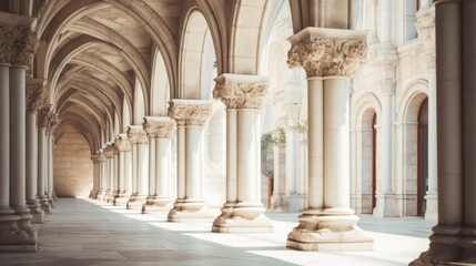 Old ancient columns in building of medieval architecture. Neural network ai generated art