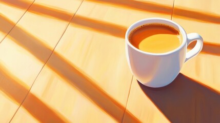 Canvas Print - A cup of coffee on a wooden table with sunlight shining through the window, AI