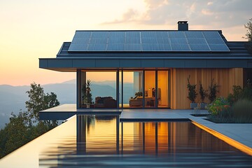 Modern home with solar panels on the roof, reflecting in the infinity pool at sunset.