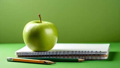 Minimalistic back to school composition featuring an apple, notebook, and pencil on a vibrant green background