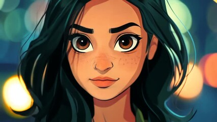 Poster - Digital Illustration of a Young Woman With Expressive Eyes and Hair Generative AI