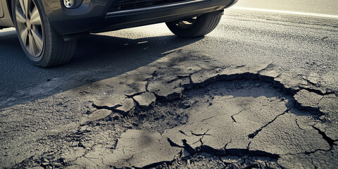 Close up of a car tire passing a pothole in the road. Cracks in the asphalt, danger of an accident