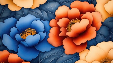 Sticker - A close up of a flower painting with blue, orange and yellow flowers, AI