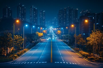 A futuristic cityscape at night illuminated by solar-powered streetlights.