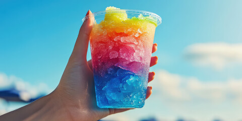 Female hand holding a cold slushy crushed ice drink in bright colors in a transparent plastic cup