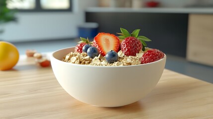 Wall Mural - Organic oatmeal, in a bowl with fresh fruits, 3D illustration