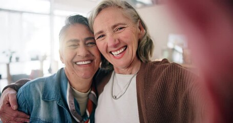 Poster - Face, happy lesbian couple and selfie in home for love, hug and laughing together. Portrait, smile and picture of gay women with mature partner for relationship, memory and pov on video call or vlog