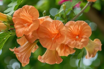 Wall Mural - Large orange Campsis grandiflora flowers close up a flowering plant in the Bignoniaceae family