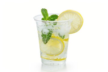 lemonade with mint and sparkling water in plastic cup on white background