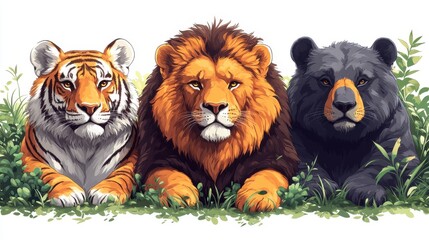 Wall Mural - Animal clipart featuring a lion, tiger, and bear on a white background