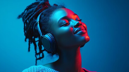 Wall Mural - Joyful Black woman with headphones, immersed in music with rhythm and fun against a blue background. Happy female, smiling with closed eyes, enjoying a radio or podcast in a studio.