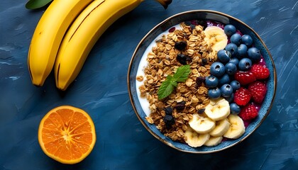 Vibrant acai bowl with banana, granola, and blueberries on dark stone, promoting healthy organic breakfast and superfood eating lifestyle