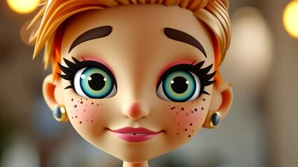 Poster - cheerful animated character with expressive eyes and freckles generative ai