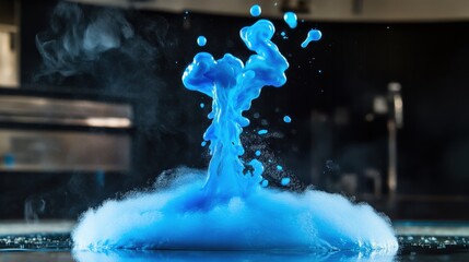 Poster - A vibrant blue chemical dye forms a striking eruption, showcasing dynamic movement and vivid color in a laboratory. The environment emphasizes scientific exploration and creativity