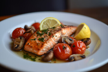 A plate of fresh grilled salmon fillet with stewed tomatoes and mushrooms on the side. A delicious restaurant dish