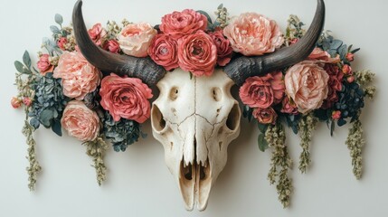 Artistic animal skull with flowers on white background