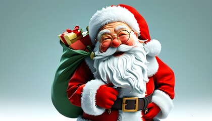 Joyful Santa Claus delivering a bag of gifts in a festive 3D illustration, capturing the essence of Christmas and New Year holiday spirit for cards and banners