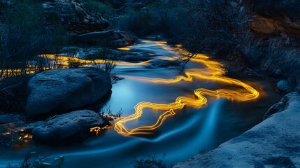 Streams of light trails creating intricate patterns, organic shapes, vibrant and captivating.