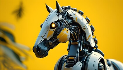 Wall Mural - Futuristic Robot Horse: A Vision of Cybernetic Technology and Wildlife Innovation on Vibrant Yellow Background