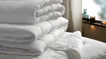 Closeup of duvets and bed sheets.