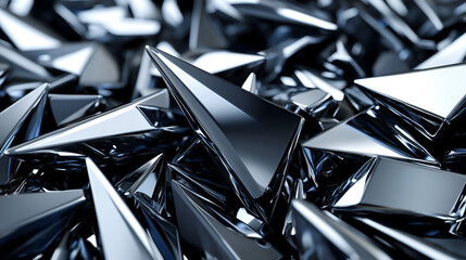 Aufkleber - Shiny metallic pyramid shapes scattered across a reflective surface in a well-lit studio setting