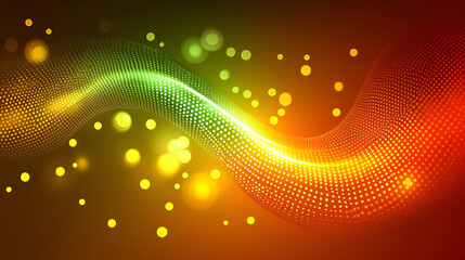 Poster - Colorful wavy lights create a vibrant abstract pattern with glowing dots in shades of green, yellow, and red on a dark background