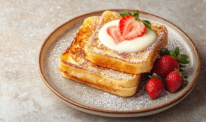 Gourmet French toast with strawberries, latte art on the side, soft daylight, vintage cafe feel, textured background, hand-painted watercolor effect, muted warm tones, f/1.8 aperture, Canon EF 100mm