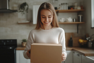 Excitement of unboxing a surprise package in a cozy kitchen on a sunny day