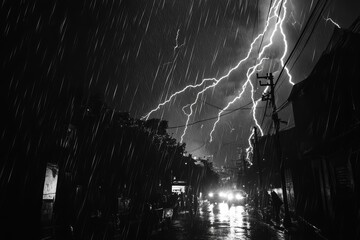 Wall Mural - A pitch-black night sky illuminated by lightning, with heavy rain drumming on the streets below 