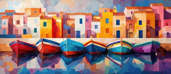 Wall Mural - Colorful Boats Docked in a Picturesque Mediterranean Town