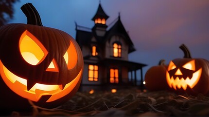 haunted house spider web pumpkins orange sky halloween